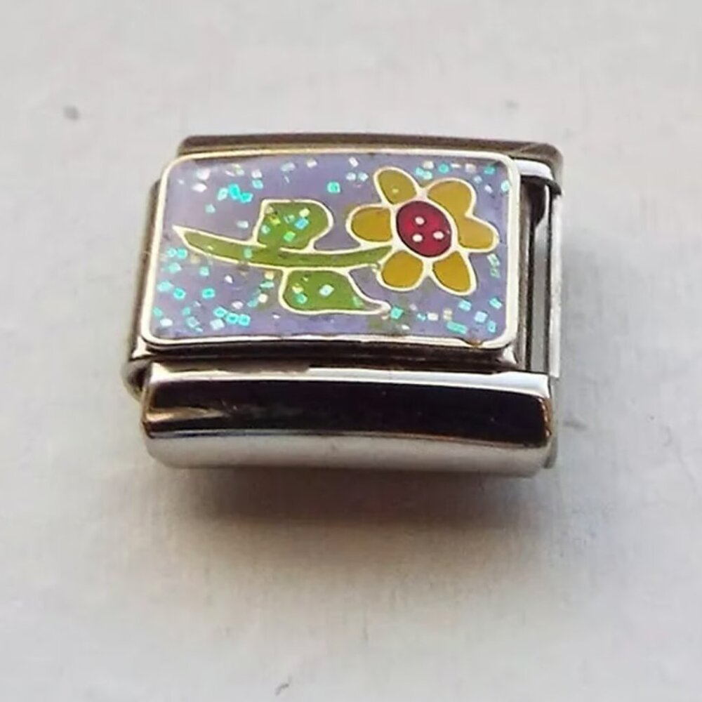 Yellow flower on purple enamel 9mm stainless steel italian charm bracelet link